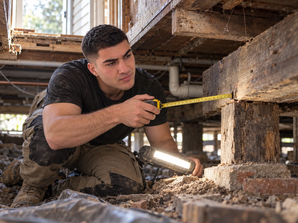 Carpenter inspecting timber structure beneath an existing Melbourne home