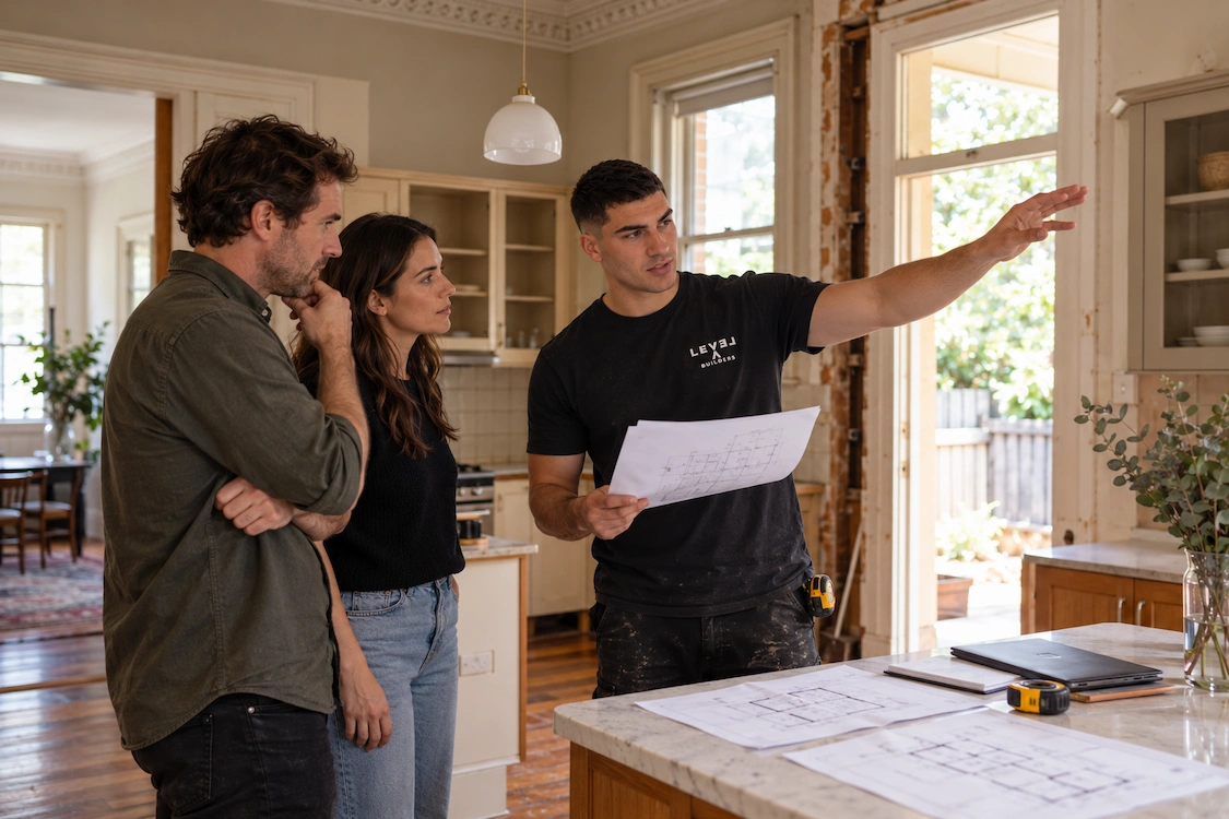 Builder discussing renovation plans with homeowners inside an existing Melbourne home
