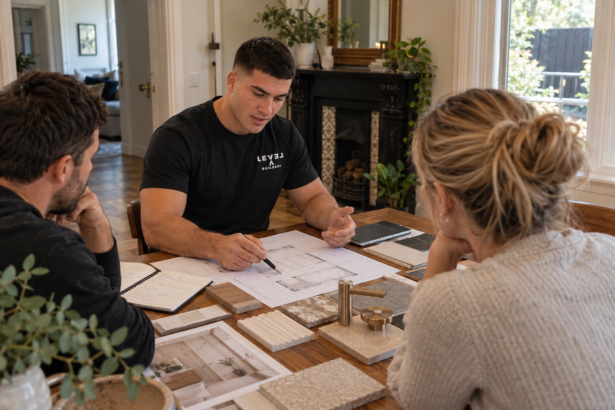 Homeowners discussing bathroom renovation design with builder