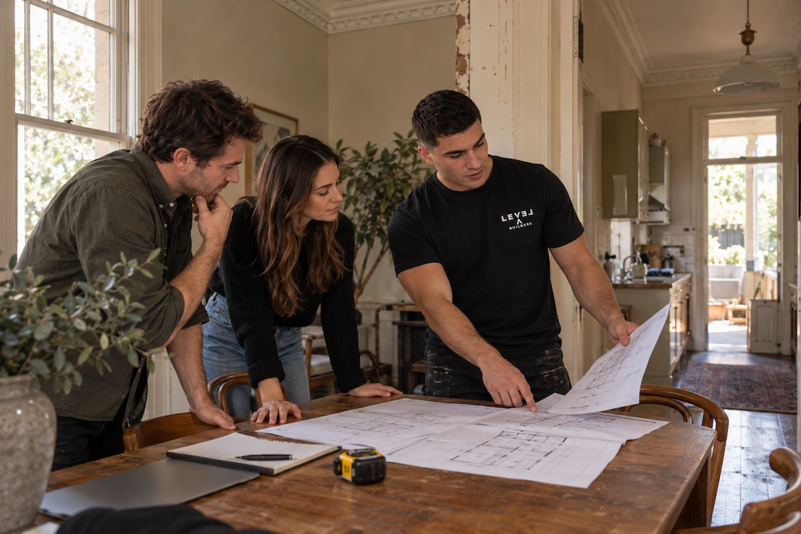 Builder and homeowners reviewing renovation plans around a table