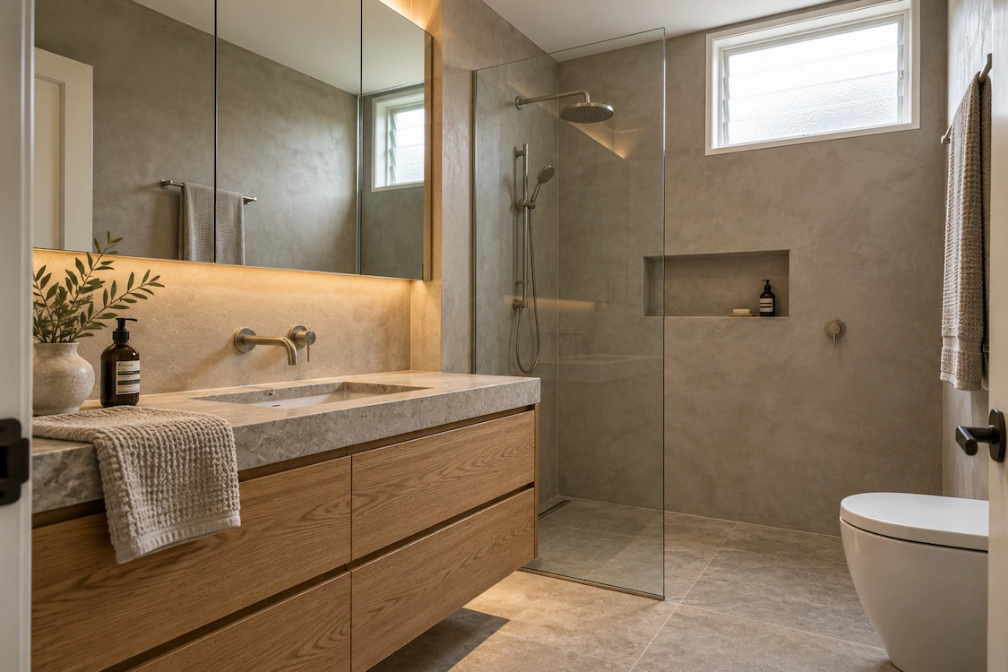Warm minimalist spa-style renovated bathroom