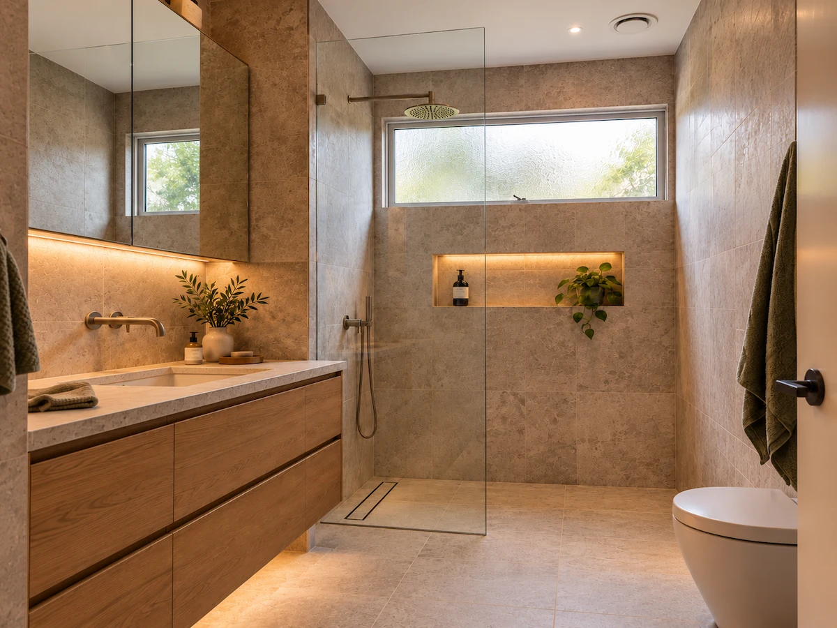 Warm neutral spa-style bathroom renovation