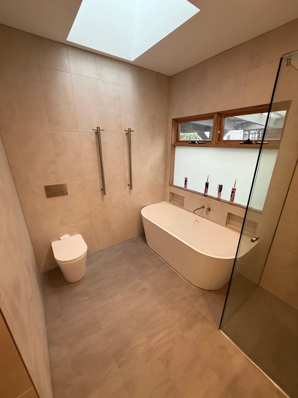 Freestanding bath in Yin Zhang's completed bathroom renovation