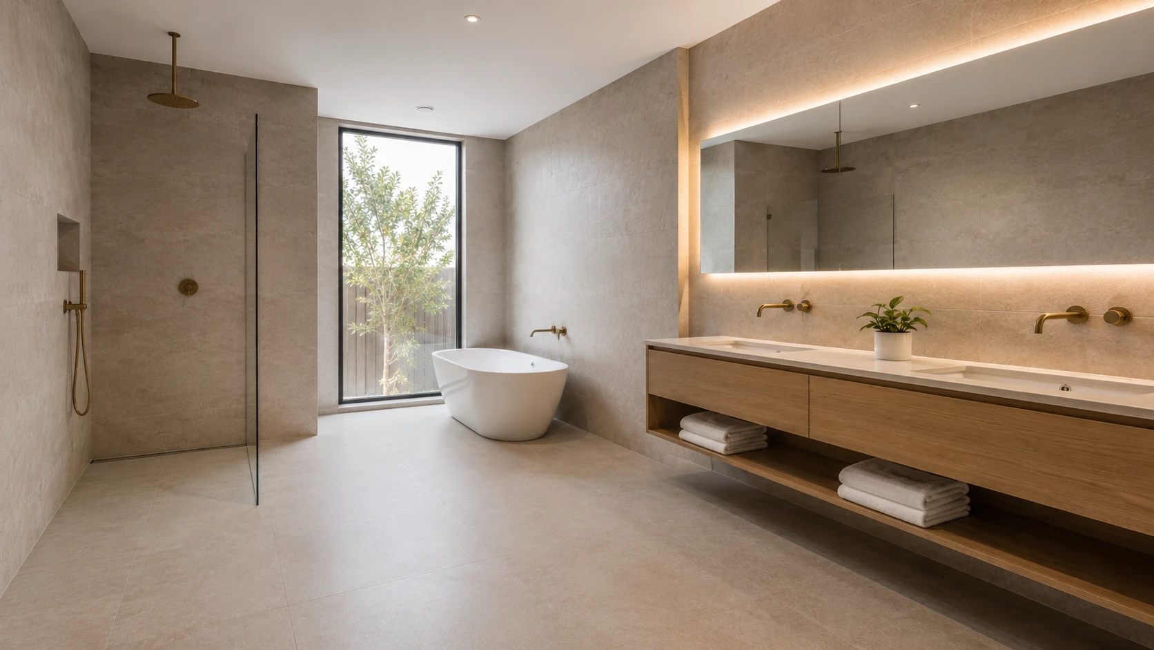 Completed bathroom with a timber vanity, illuminated mirror, freestanding bath and walk-in shower