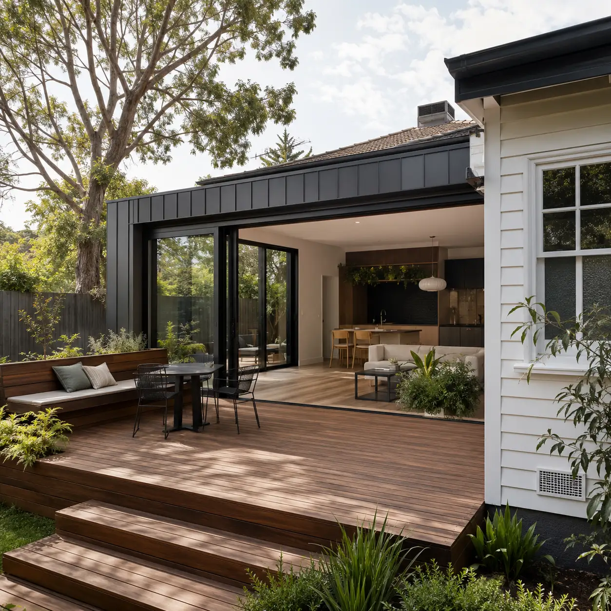 Finished backyard deck beside a renovated house