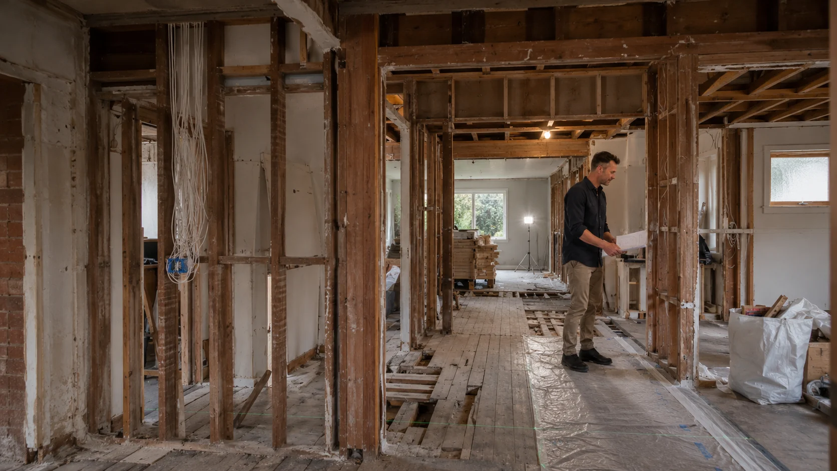 Jake reviewing plans inside a full house renovation strip-out with exposed stud framing