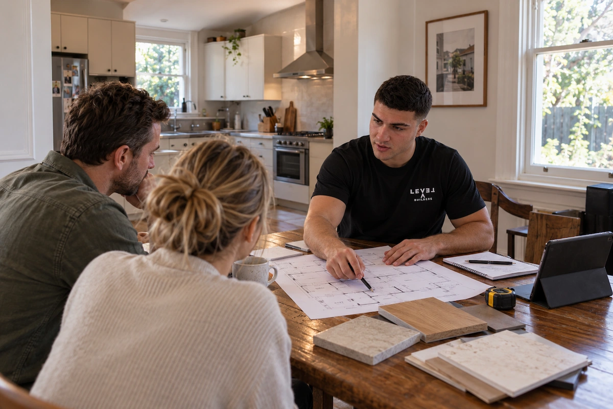 Builder and homeowners discussing a kitchen renovation layout in Melbourne