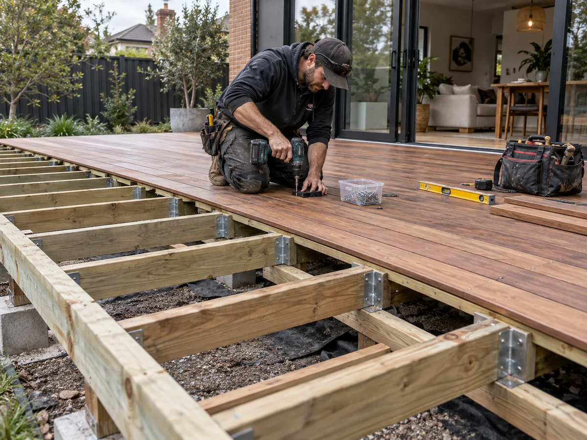 Hardwood deck construction showing subframe drainage and fixings
