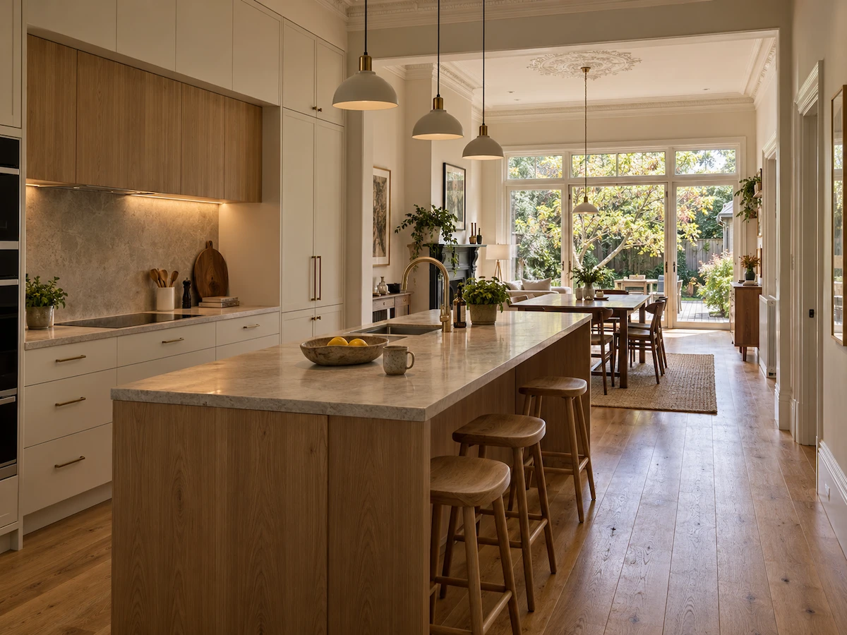 Warm open-plan kitchen and garden view in a Melbourne home