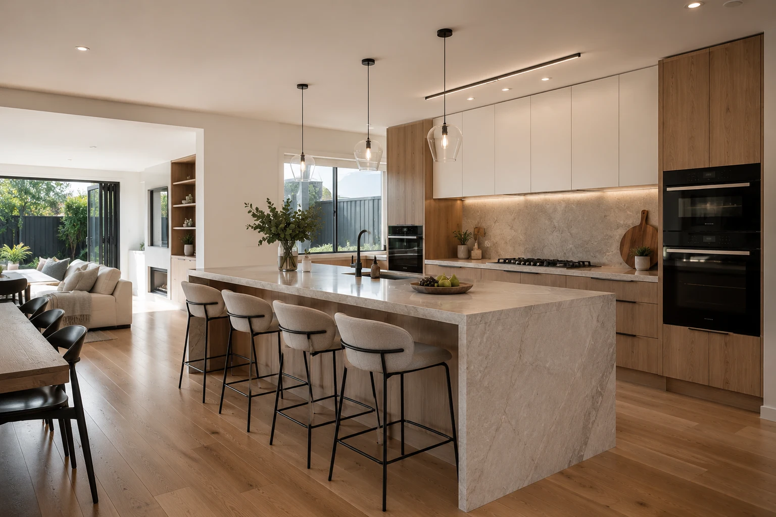 Completed open-plan kitchen and living space renovated by Level A Builders